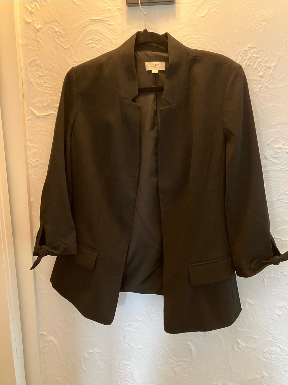 LOFT Black Collarless Open-Front Blazer with 3/4 Tie Sleeves